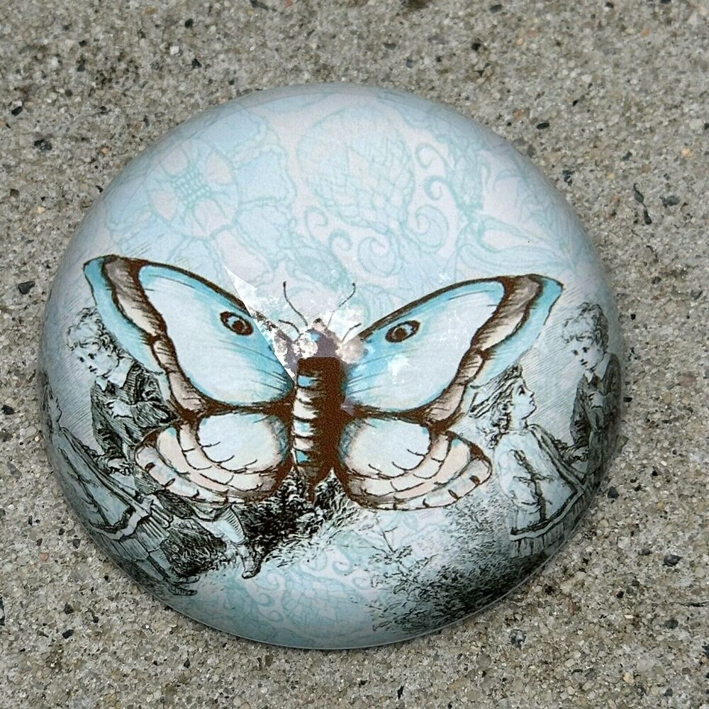 Butterfly Paperweight 3" Glass‎ Domed Cid Pear Children Illustrated Whimsical